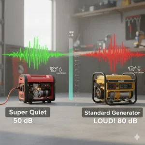 Comparison graphic demonstrating the low decibel level of a super quiet 2000 watt generator compared to standard models.