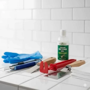 Essential tools for removing bathtub caulk including a utility knife, putty knife, and caulk softener.