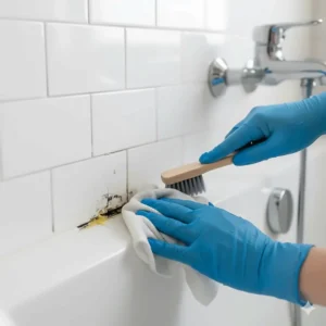 A person cleaning black mold and mildew from the gap between the bathtub and the wall tiles.