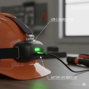 Illustration of a USB-C charging port and battery life indicator on a modern LED hard hat light.