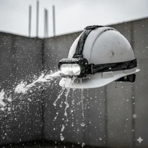 Close-up of an IP67 waterproof rated hard hat headlamp being sprayed with water to demonstrate durability.