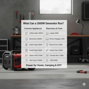 Infographic or chart illustrating what a 2000 watt generator can run, listing common small appliances and electronics.