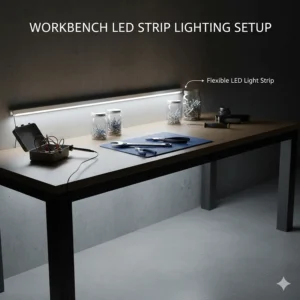 A close-up illustration of flexible LED garage light strips installed under a workbench shelf for task lighting.
