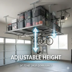 A diagram demonstrating the adjustable ceiling drop-down range of SafeRacks storage units.