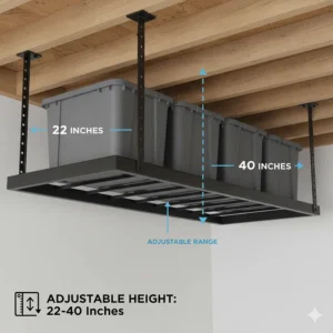 Graphic showing how ceiling mounted garage storage racks can adjust from 22 to 40 inches in height.