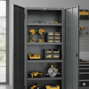 Interior view of lockable garage storage cabinets showing adjustable steel shelves holding heavy power tools and equipment.
