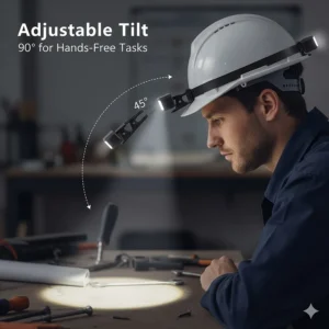 Side view illustration showing the 90-degree adjustable tilt head of a clip-on light for hands-free tasks.
