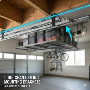 Detailed illustration of the long ceiling brackets designed to span multiple joists for maximum stability.