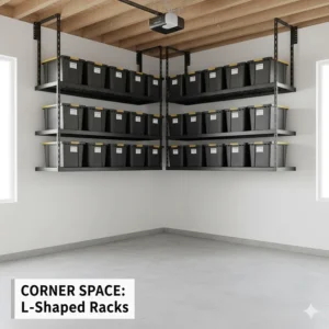 Two ceiling mounted garage storage racks installed in an L-shape to maximize corner garage space.