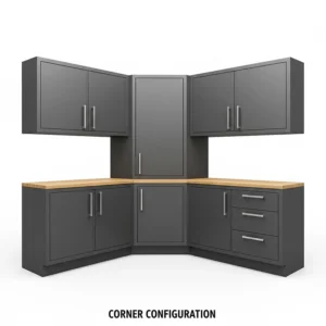 A corner-specific modular garage cabinet system configuration designed to maximize storage in tight garage corners.