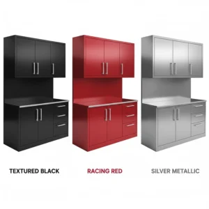 A variety of color options for modular garage cabinet systems including textured black, racing red, and silver metallic finishes.