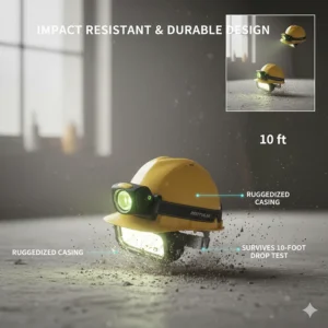 A rugged rechargeable hard hat light shown withstanding a drop test to demonstrate impact resistance.
