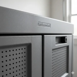 Close-up of the durable, rust-resistant resin material used in Rubbermaid garage storage cabinets.