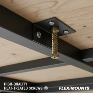 Technical drawing highlighting the high-quality heat-treated screws used in Fleximounts overhead garage storage installation.