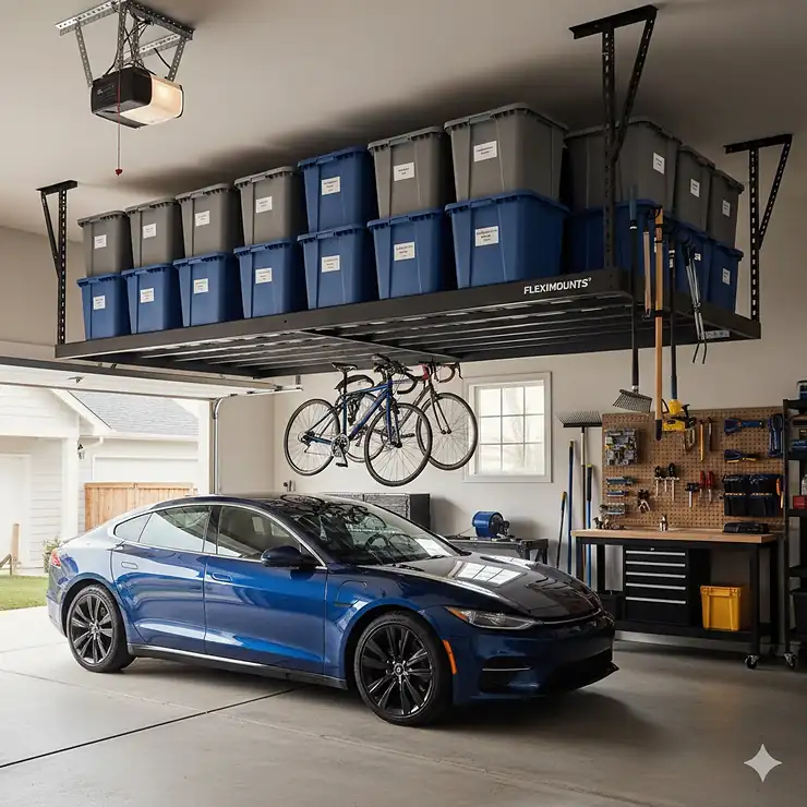 A wide-angle view of a clean, organized garage featuring a Fleximounts overhead garage storage rack holding heavy-duty bins above a parked car.
