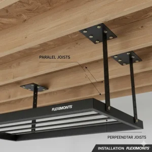 Illustration showing how Fleximounts overhead garage storage attaches securely to parallel or perpendicular ceiling joists.