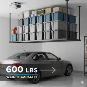 Illustration showing the 600-pound weight capacity of a Fleximounts overhead garage storage unit.