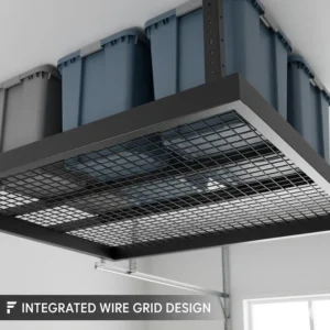Close-up illustration of the integrated wire grid design on Fleximounts overhead garage storage for increased stability.