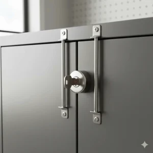 Close-up illustration of a secure 3-point locking system on a metal garage storage cabinet door with a physical key entry.
