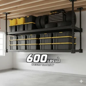 Illustration showing the 600-pound weight capacity of a steel ceiling mounted garage storage rack.