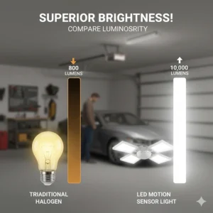 Comparison graphic showing the high lumen output of LED motion sensor lights vs. traditional halogen bulbs.