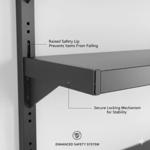 Illustration of the safety locking mechanism and raised edges on heavy duty garage wall shelves to prevent items from falling.