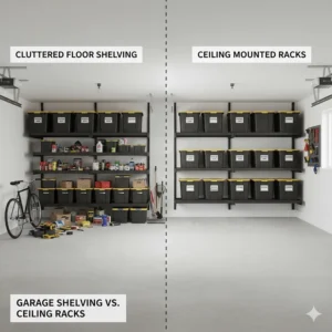 Side-by-side comparison of cluttered floor shelving versus open floor space with ceiling mounted garage storage racks.