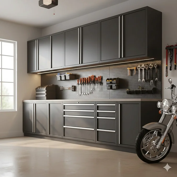 A professionally organized garage featuring a full wall of heavy-duty steel garage storage cabinets and integrated slatwall.