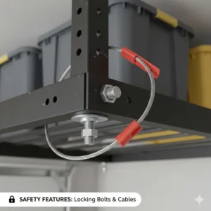 Detailed view of the locking bolts and safety cables on a ceiling mounted garage storage system.