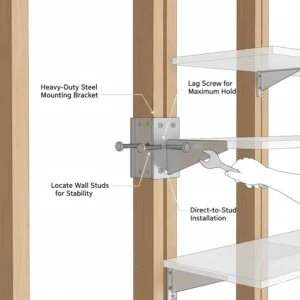Diagram demonstrating how to mount heavy duty garage wall shelves directly into wall studs for maximum stability.