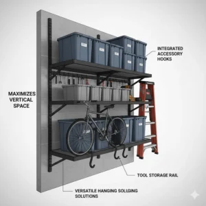 Illustration of heavy duty garage wall shelves featuring integrated hooks for hanging bikes and ladders.