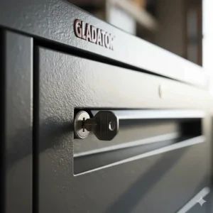 Close-up of the integrated keyed lock system on Gladiator garage cabinets for secure tool and chemical storage.