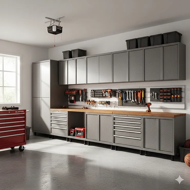 A fully organized home garage featuring a wall-to-wall system of Gladiator garage cabinets, including floor lockers and wall-mounted units in a hammered granite finish.