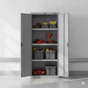 Heavy-duty Gladiator garage cabinet locker with adjustable shelves and magnetic door latches for tool storage.