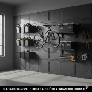 A finished garage wall featuring the signature grey tread pattern of the Gladiator GearWall system.