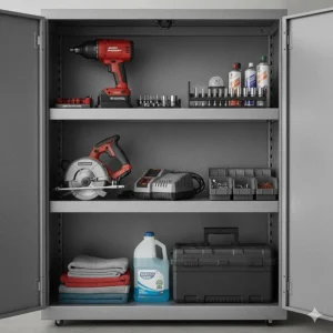 Internal view of Gladiator garage cabinets showing heavy-duty steel shelves holding heavy power tools and automotive supplies.