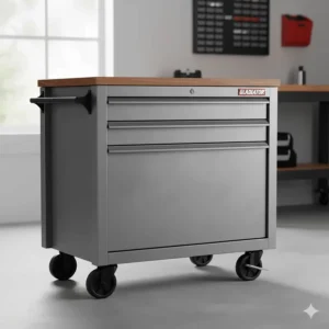 A mobile Gladiator garage cabinet with heavy-duty casters and a hardwood work surface top for versatile shop use.