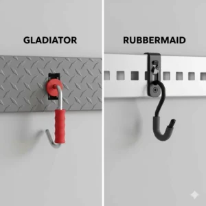 Comparison of the friction-lock mechanism on Rubbermaid hooks versus the friction-fit design of Gladiator hooks.