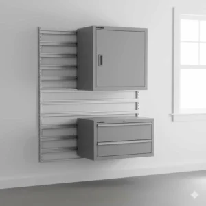 Gladiator wall-mounted garage cabinets installed on GearTrack channels to save floor space in a small workshop.