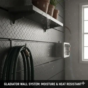 Illustration highlighting the moisture and heat resistance of Gladiator wall systems in a humid garage environment.