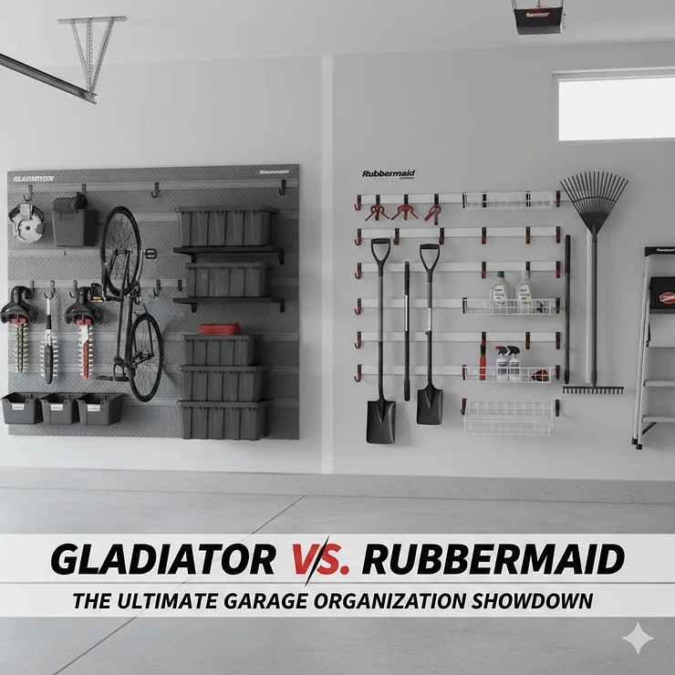 A side-by-side comparison of Gladiator GearWall panels and Rubbermaid FastTrack rails installed in a tidy garage. gladiator wall systems vs rubbermaid fasttrack