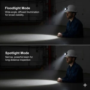 Illustration comparing wide-angle floodlight and focused spotlight modes for clip-on hard hat lights.