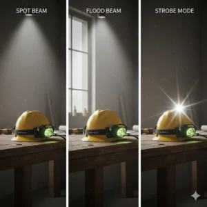 Diagram showing different brightness levels and beam patterns of a rechargeable hard hat light.