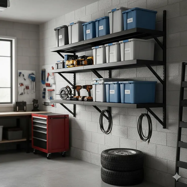 A clean, organized garage featuring heavy duty garage wall shelves holding storage bins and power tools.
