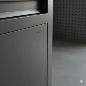 Illustration highlighting the powder-coated steel construction of lockable garage storage cabinets for rust resistance and durability.