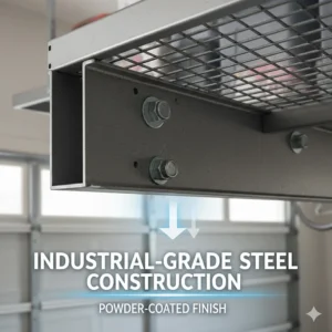 Close-up illustration of the industrial-grade steel wire decking and powder-coated finish of SafeRacks.