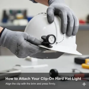 Close-up illustration demonstrating how to securely attach a clip-on light to the brim of a standard safety helmet.