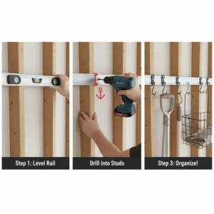 Step-by-step diagram showing how to level and drill the Rubbermaid FastTrack rail into wall studs.