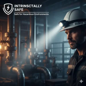 Illustration showing an intrinsically safe clip-on hard hat light suitable for hazardous or explosive environments.