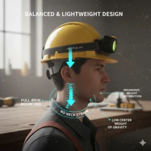 Side profile illustration of a lightweight rechargeable hard hat light showing balanced weight distribution on a helmet.